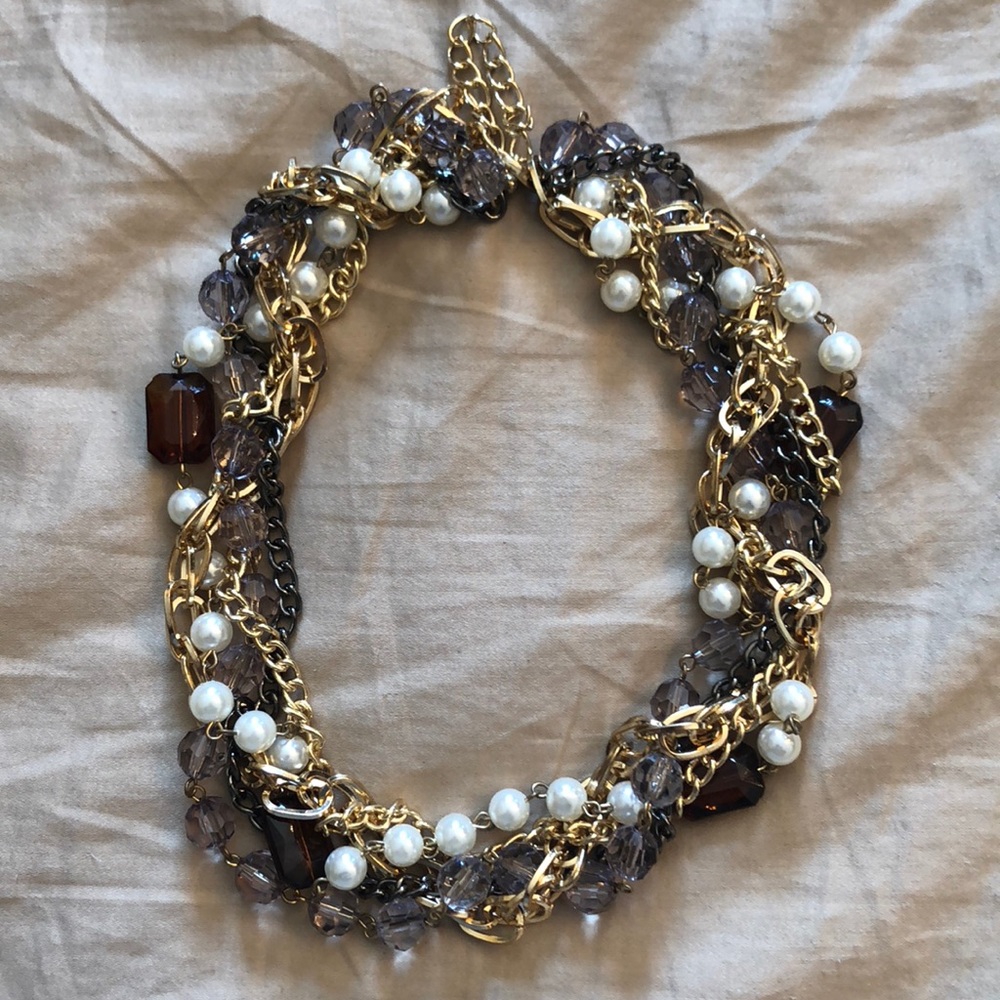 Gold link, pearl, brown and gray bead necklace